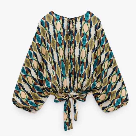 Zara Multicolored Round Neck Bohemian Printed Open Back Tied Top Sz M - Picture 6 of 15